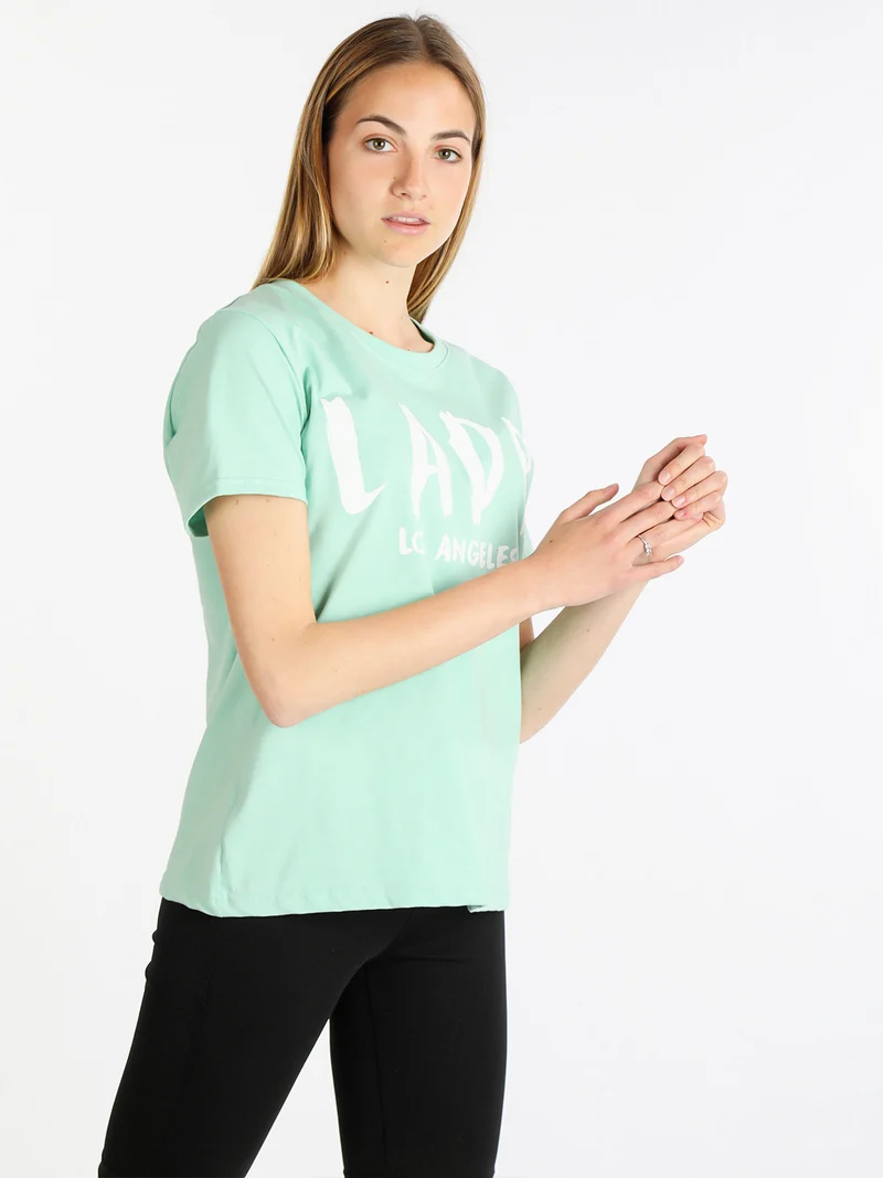 T-shirt manica corta donna con scritta - acqua marina