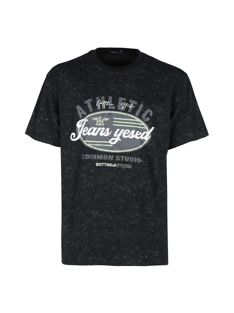 T-shirt girocollo da uomo in cotone con stampa - nero