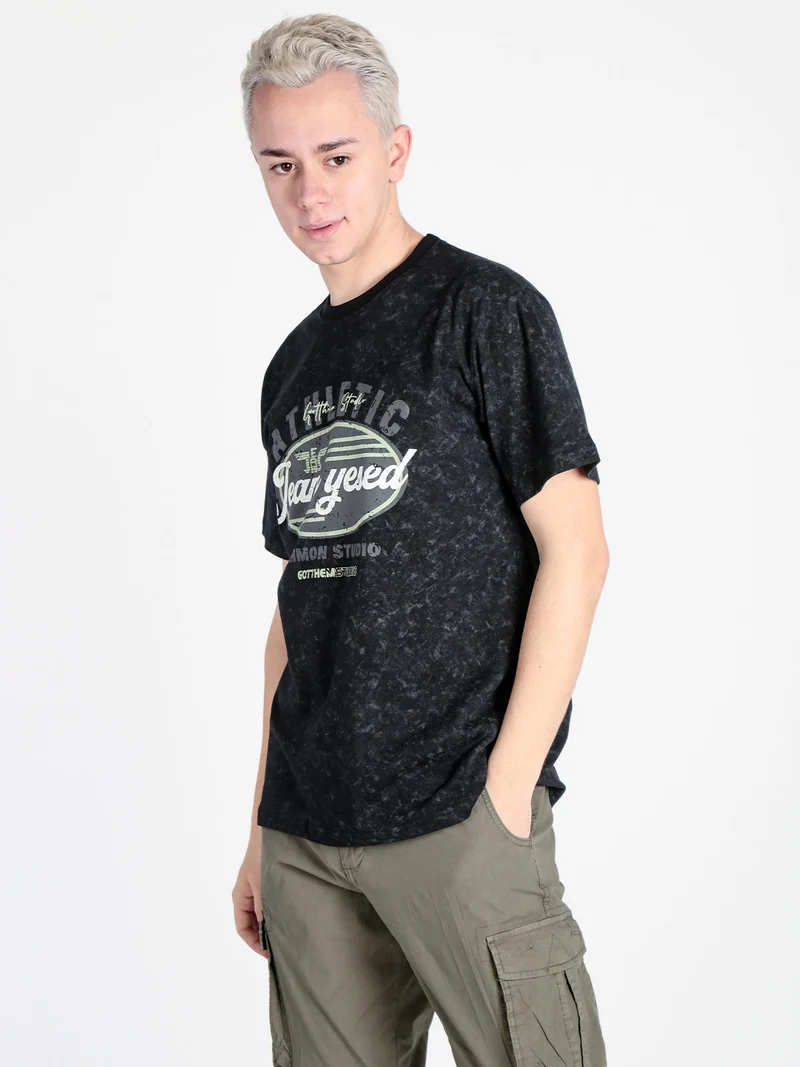 T-shirt girocollo da uomo in cotone con stampa - nero