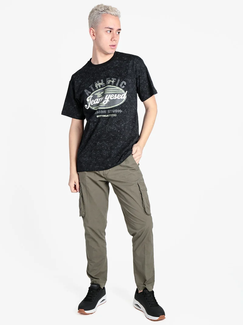 T-shirt girocollo da uomo in cotone con stampa - nero