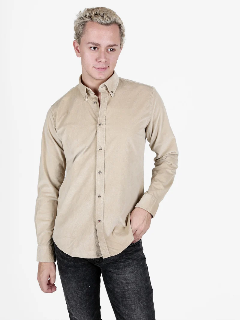 Camicia da uomo in velluto a maniche lunghe - khaki
