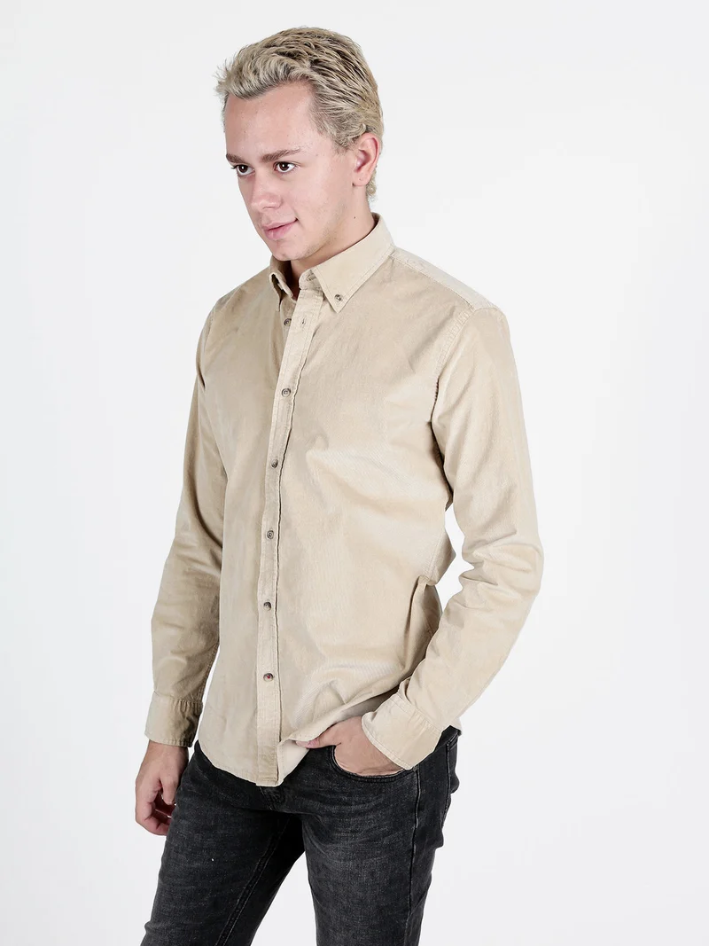 Camicia da uomo in velluto a maniche lunghe - khaki