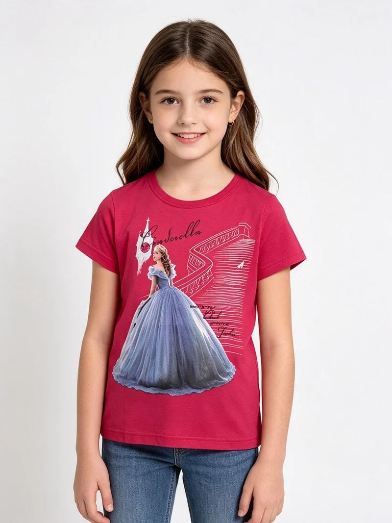 T-shirt manica corta da bambina con stampa - fucsia