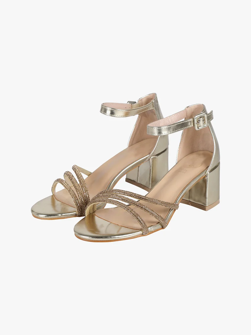 Sandali donna con tacco e fascette di strass - champagne