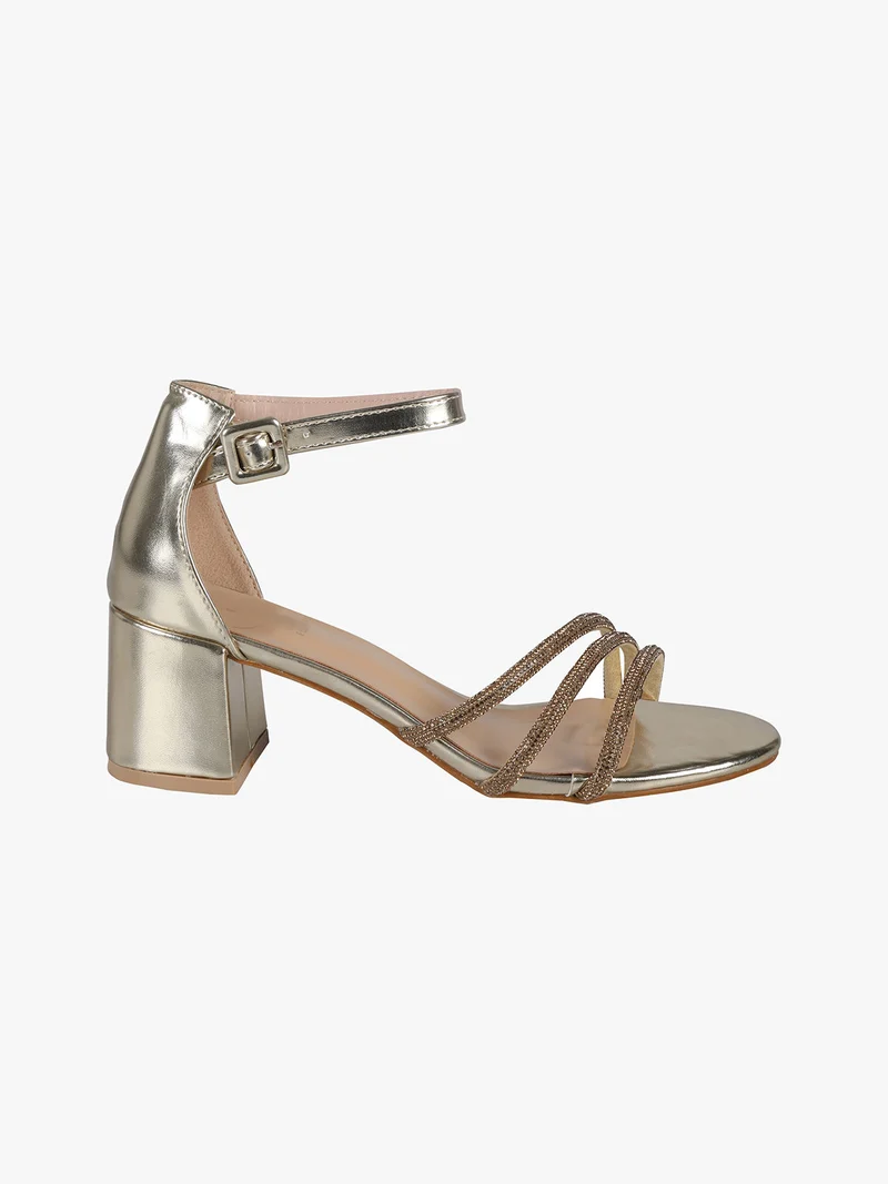 Sandali donna con tacco e fascette di strass - champagne