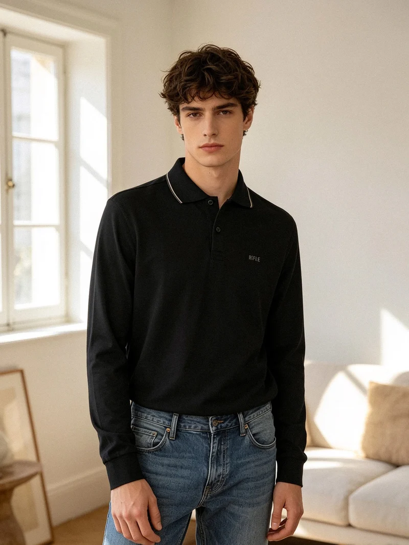 Polo uomo a maniche lunghe in cotone - nero