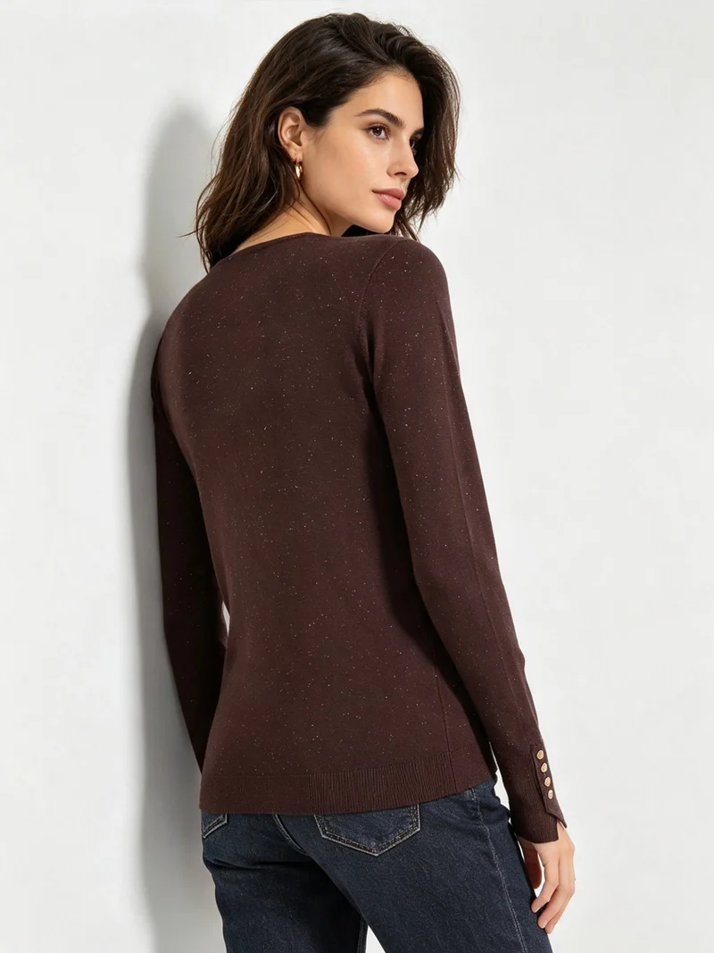 Pullover girocollo da donna con dettagli lurex e finti bottoni dorati - moro