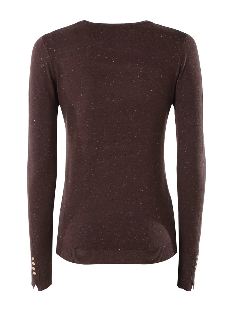 Pullover girocollo da donna con dettagli lurex e finti bottoni dorati - moro
