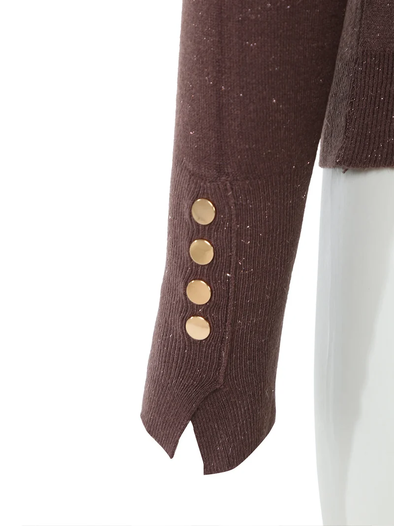 Pullover girocollo da donna con dettagli lurex e finti bottoni dorati - moro