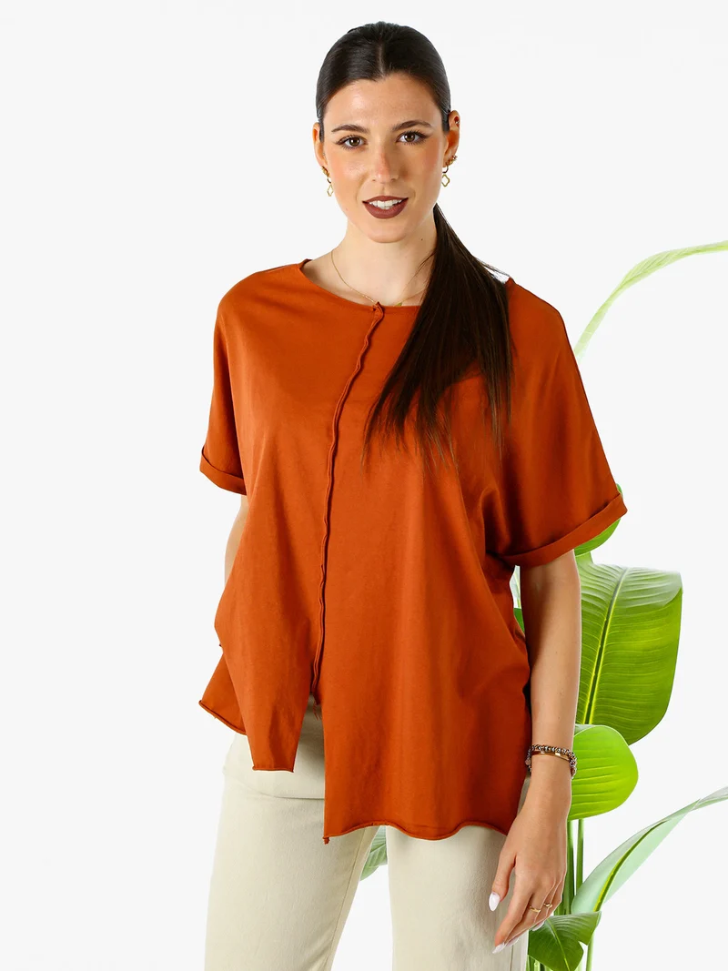 Maxi t-shirt donna in cotone con maniche risvoltate - cuoio