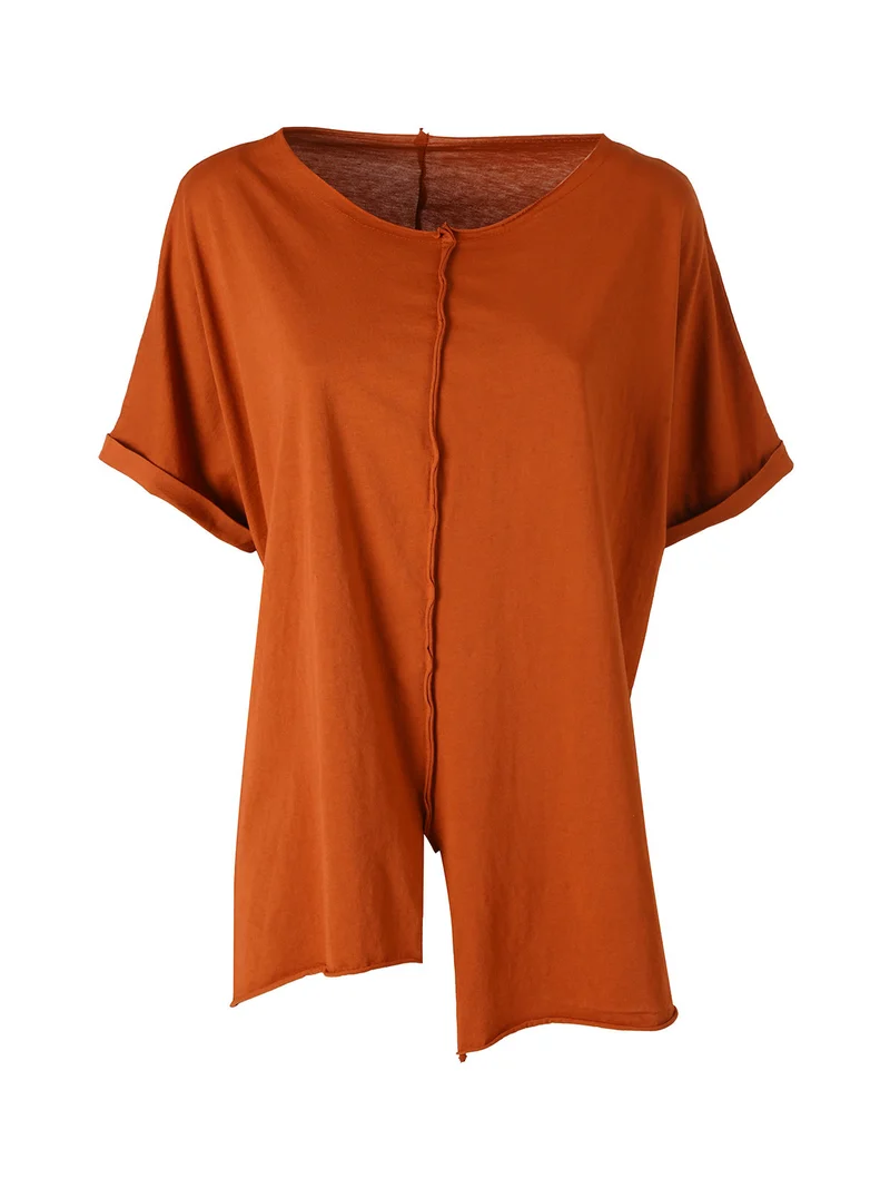 Maxi t-shirt donna in cotone con maniche risvoltate - cuoio