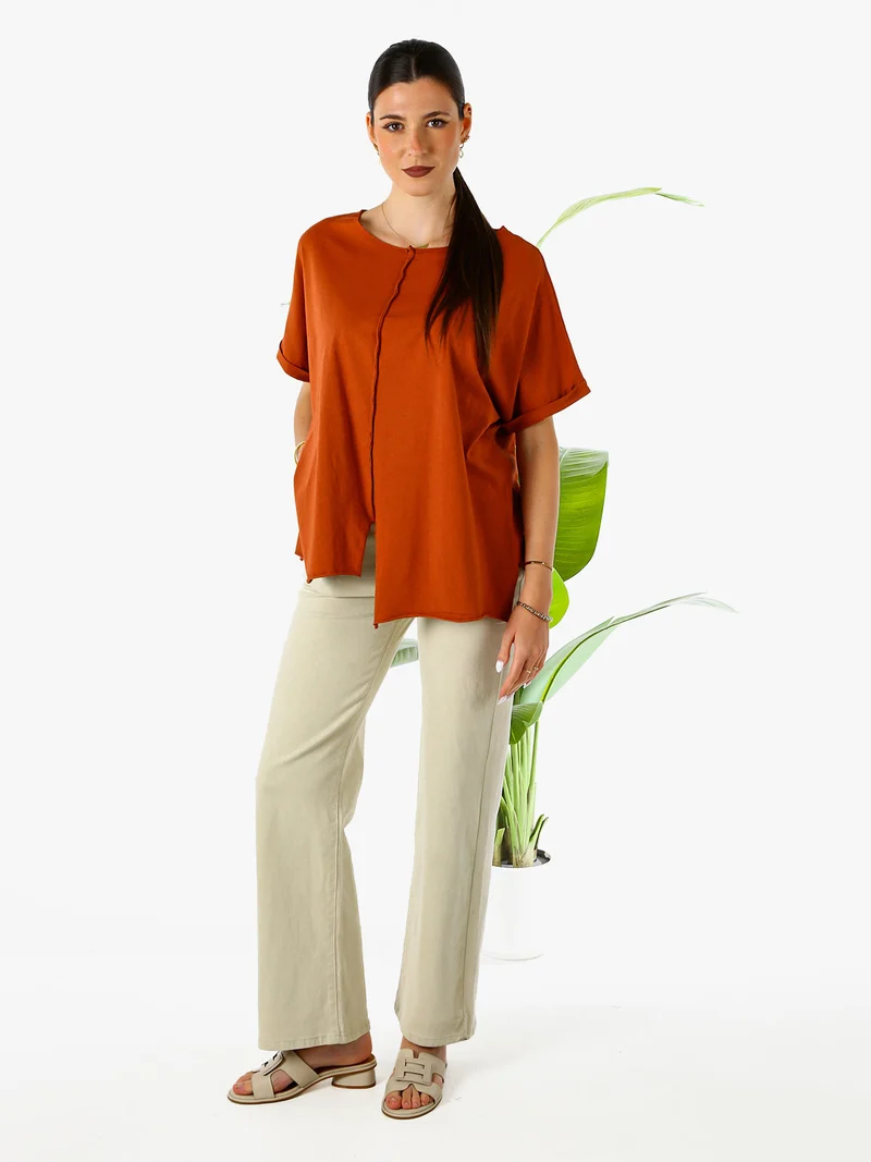 Maxi t-shirt donna in cotone con maniche risvoltate - cuoio