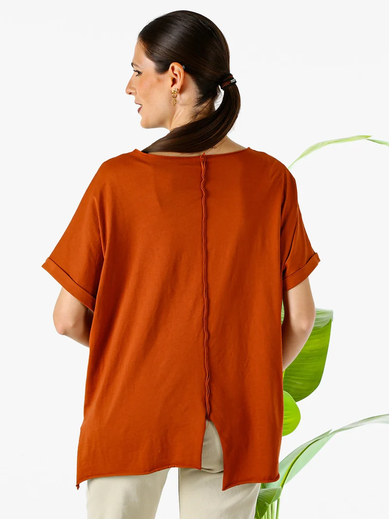 Maxi t-shirt donna in cotone con maniche risvoltate - cuoio