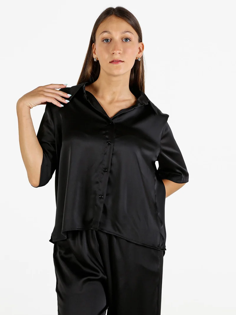 Camicia donna a maniche corte effetto raso - nero