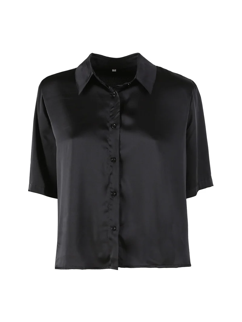 Camicia donna a maniche corte effetto raso - nero