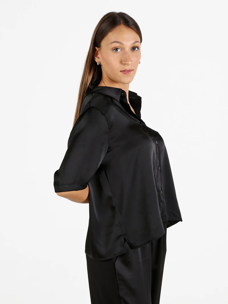 Camicia donna a maniche corte effetto raso - nero