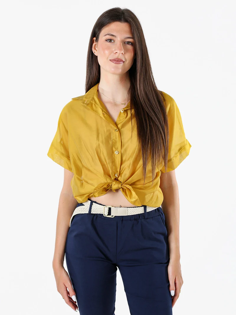 Camicia donna annodata a maniche corte - senape