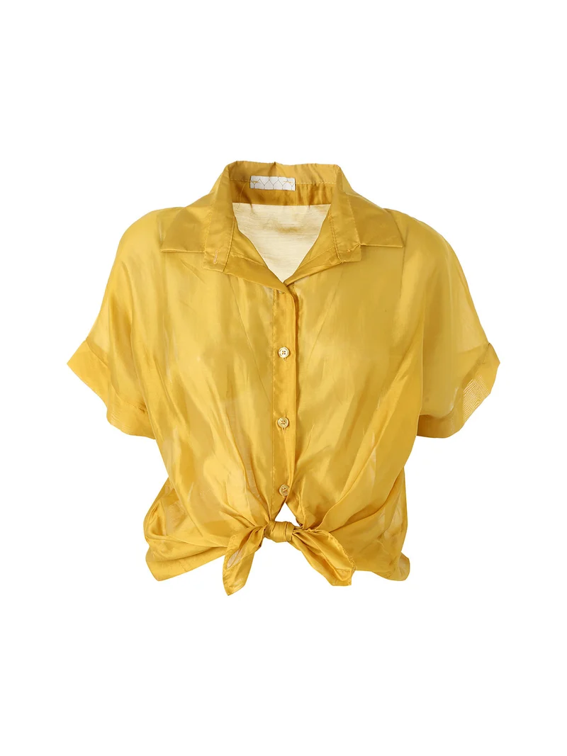 Camicia donna annodata a maniche corte - senape