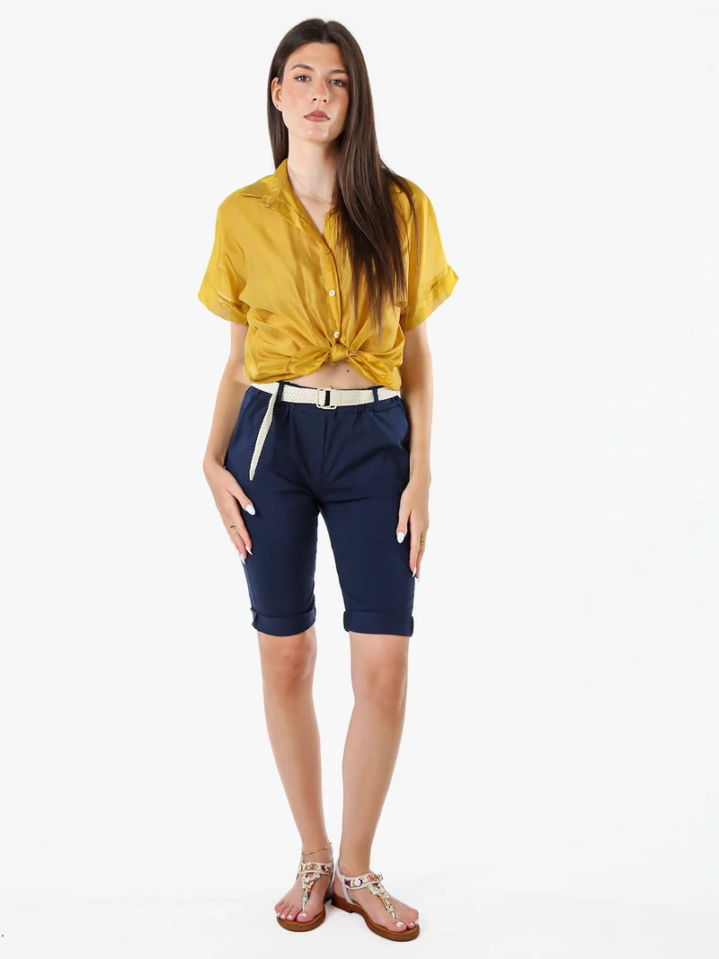Camicia donna annodata a maniche corte - senape