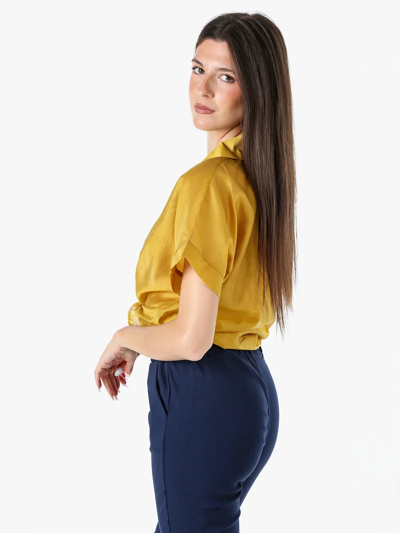 Camicia donna annodata a maniche corte - senape