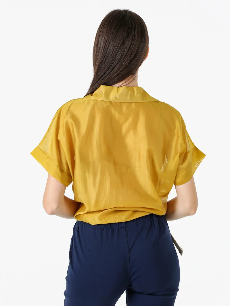 Camicia donna annodata a maniche corte - senape