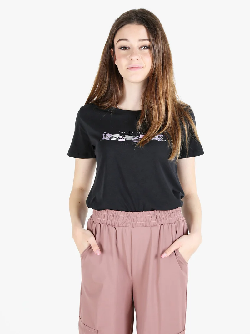 T-shirt donna in cotone bielastico con scritta e strass - nero