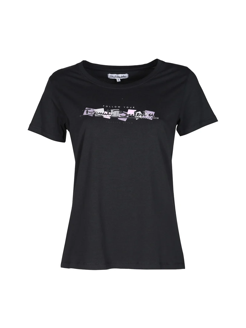 T-shirt donna in cotone bielastico con scritta e strass - nero