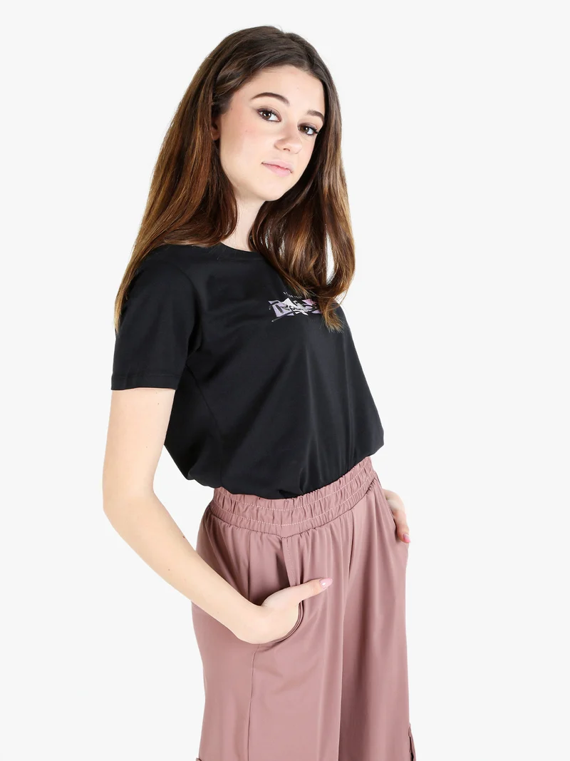 T-shirt donna in cotone bielastico con scritta e strass - nero