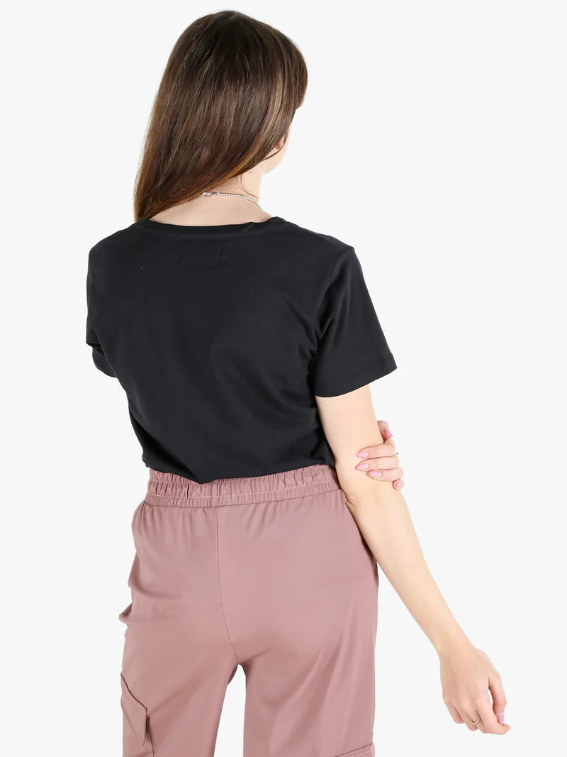 T-shirt donna in cotone bielastico con scritta e strass - nero