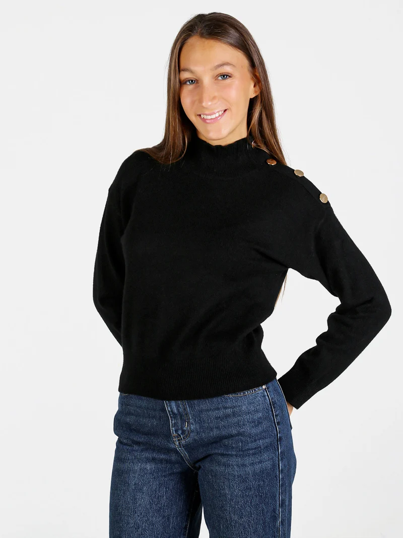 Pullover donna a collo alto con bottoni - nero