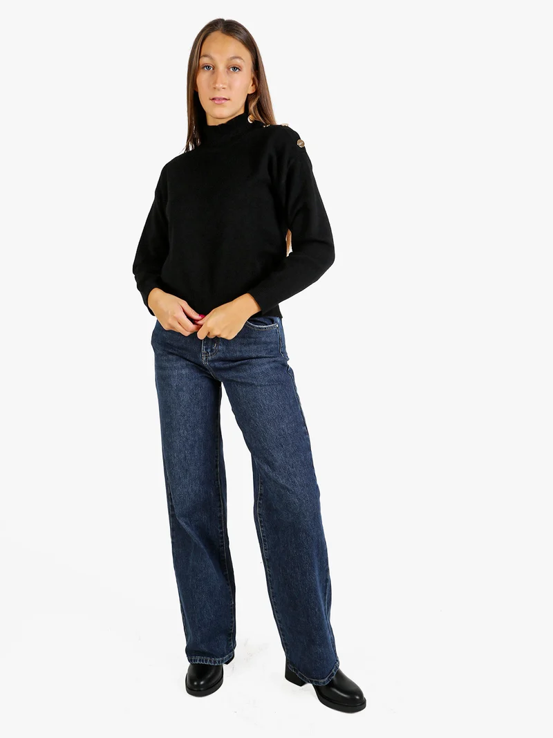 Pullover donna a collo alto con bottoni - nero