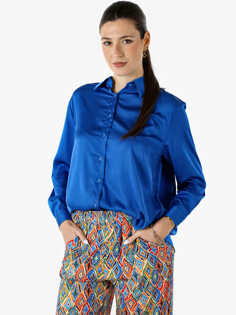 Camicia donna a maniche lunghe in tessuto simil raso - blu