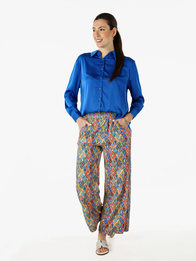 Camicia donna a maniche lunghe in tessuto simil raso - blu