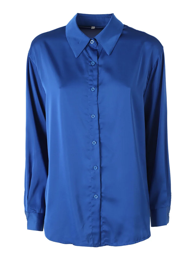 Camicia donna a maniche lunghe in tessuto simil raso - blu