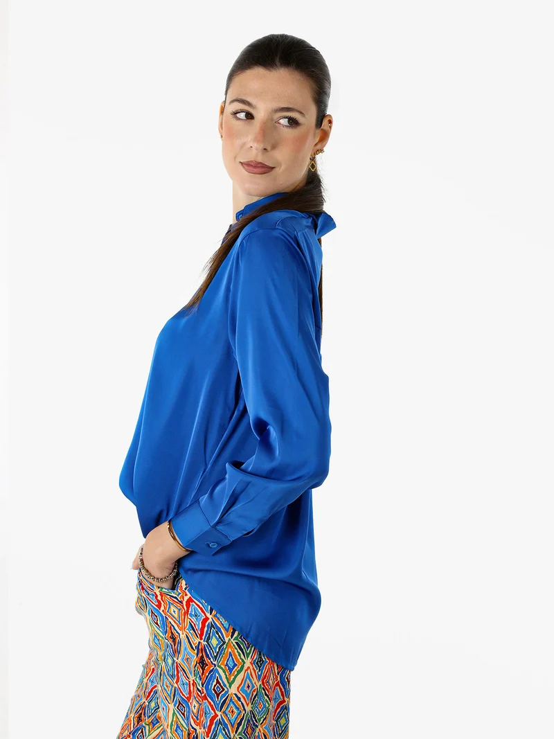 Camicia donna a maniche lunghe in tessuto simil raso - blu