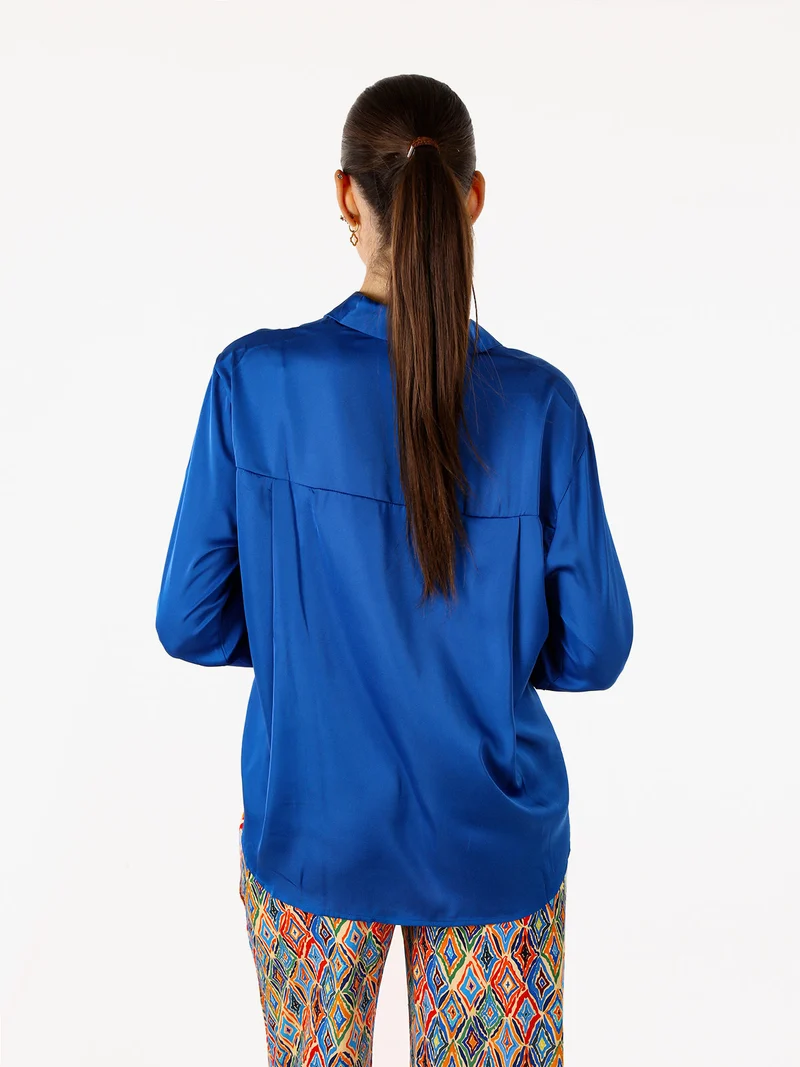 Camicia donna a maniche lunghe in tessuto simil raso - blu