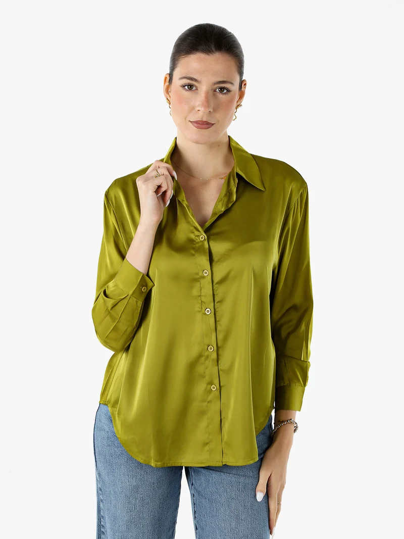 Camicia donna a maniche lunghe in tessuto simil raso - oliva