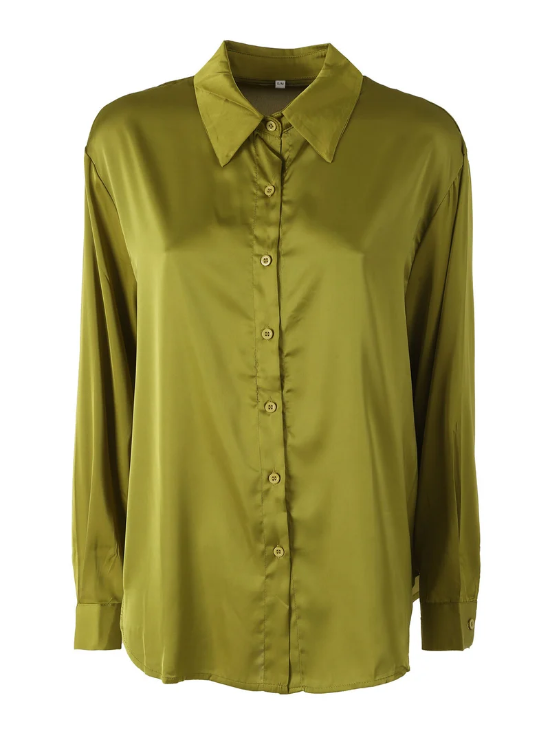 Camicia donna a maniche lunghe in tessuto simil raso - oliva