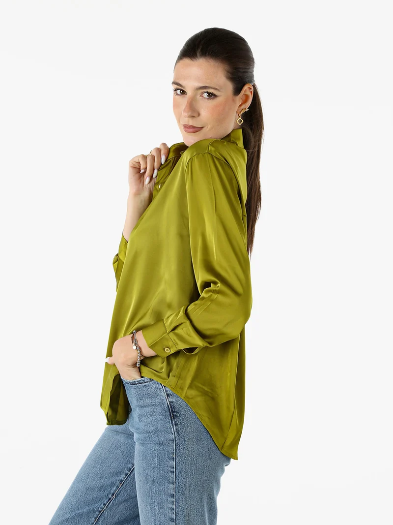 Camicia donna a maniche lunghe in tessuto simil raso - oliva