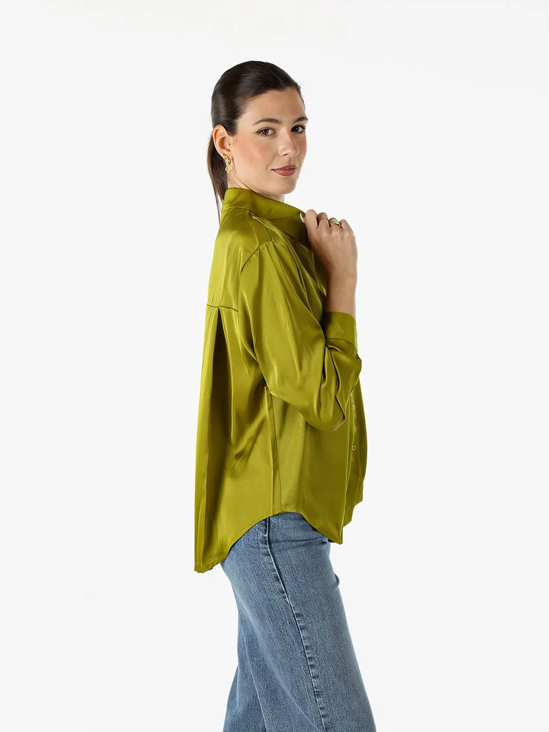 Camicia donna a maniche lunghe in tessuto simil raso - oliva