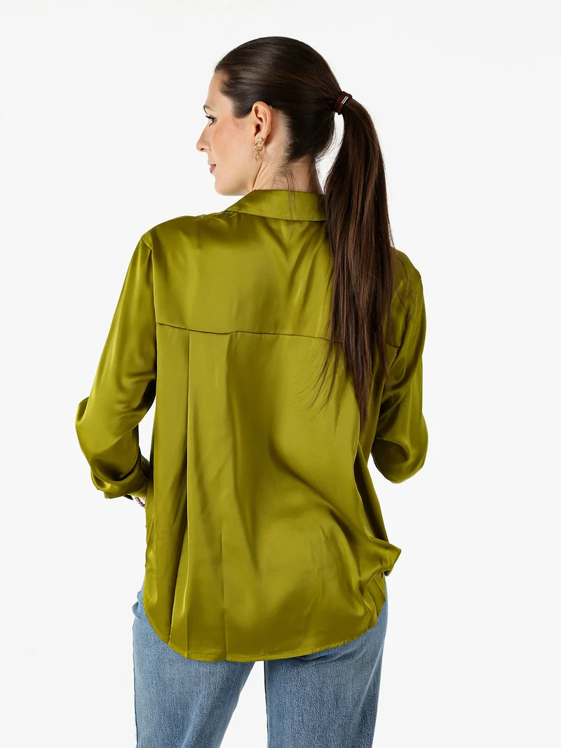 Camicia donna a maniche lunghe in tessuto simil raso - oliva