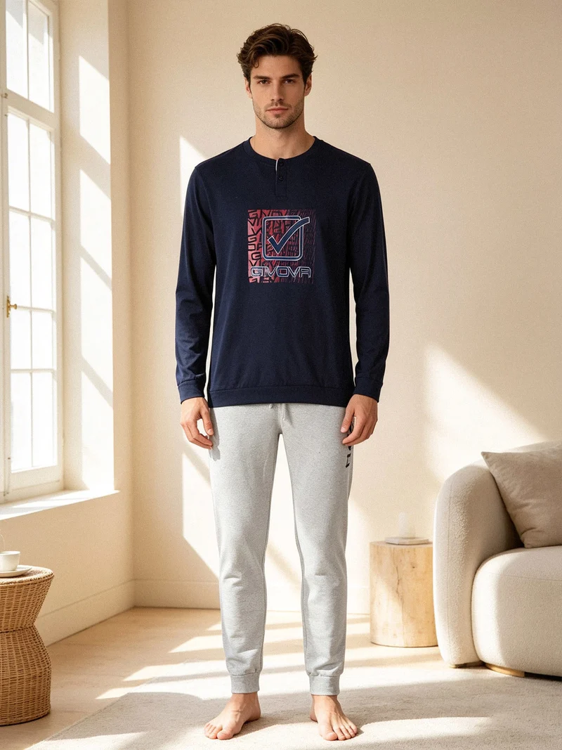 Pigiama lungo da uomo in misto cotone - blu scuro