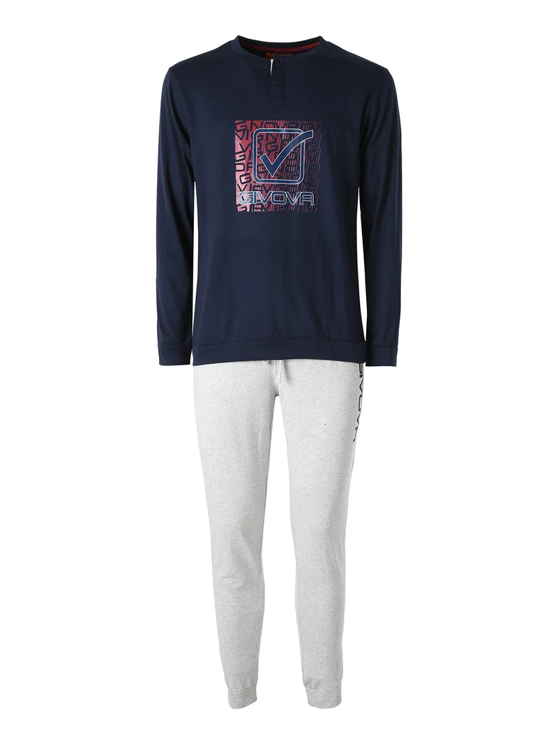Pigiama lungo da uomo in misto cotone - blu scuro