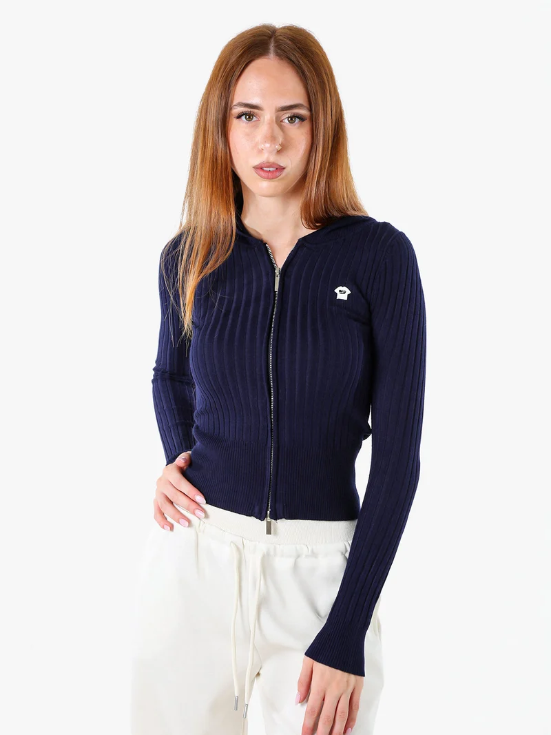 Maglia donna a coste con cappuccio e zip - blu