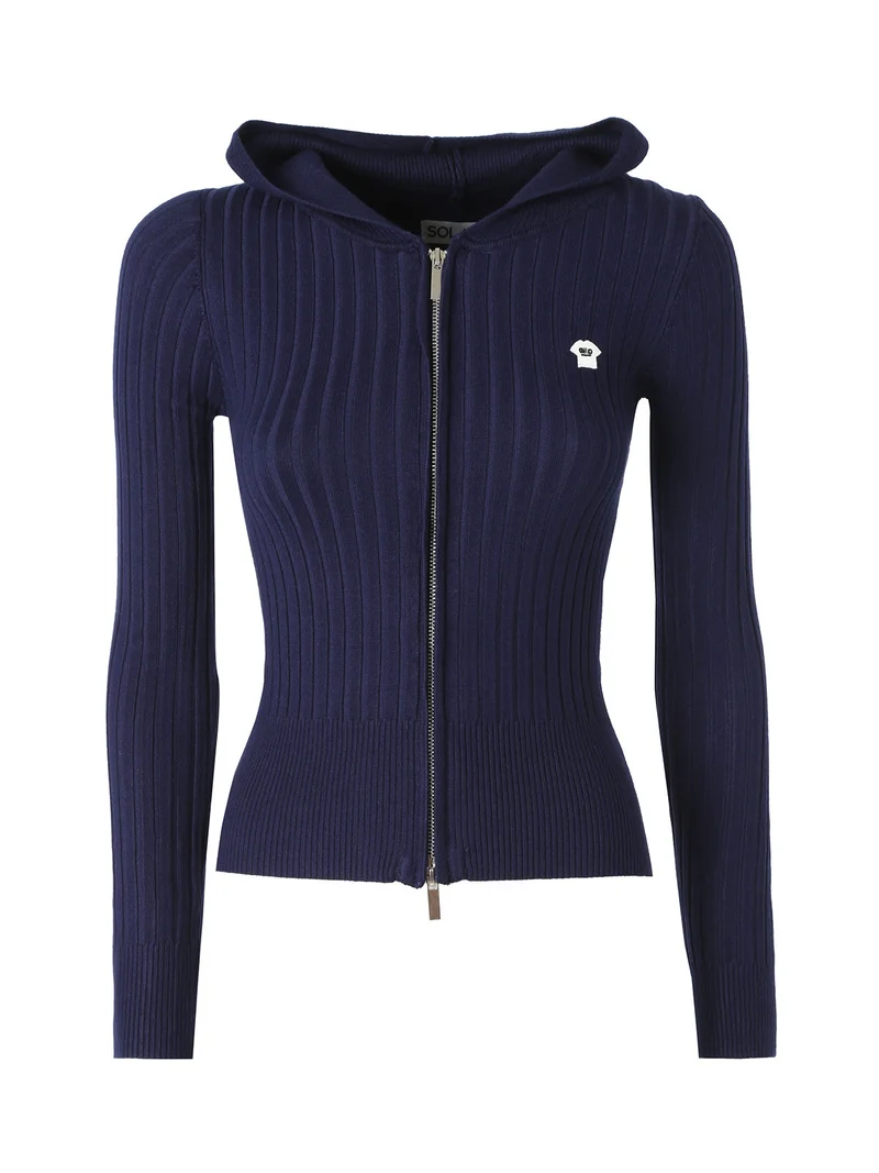 Maglia donna a coste con cappuccio e zip - blu