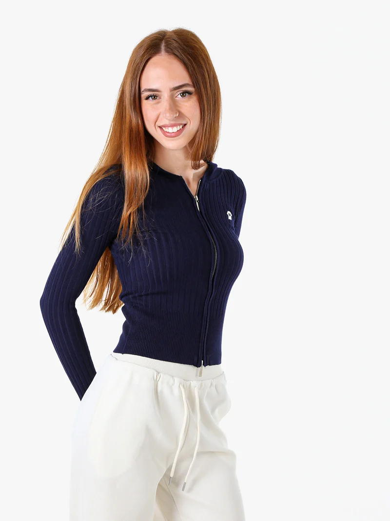 Maglia donna a coste con cappuccio e zip - blu