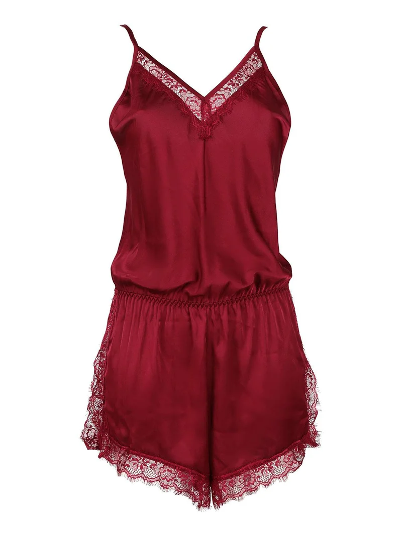Pigiama tuta donna effetto raso con pizzo - bordeaux