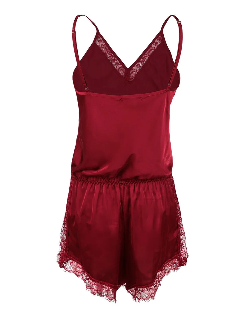 Pigiama tuta donna effetto raso con pizzo - bordeaux