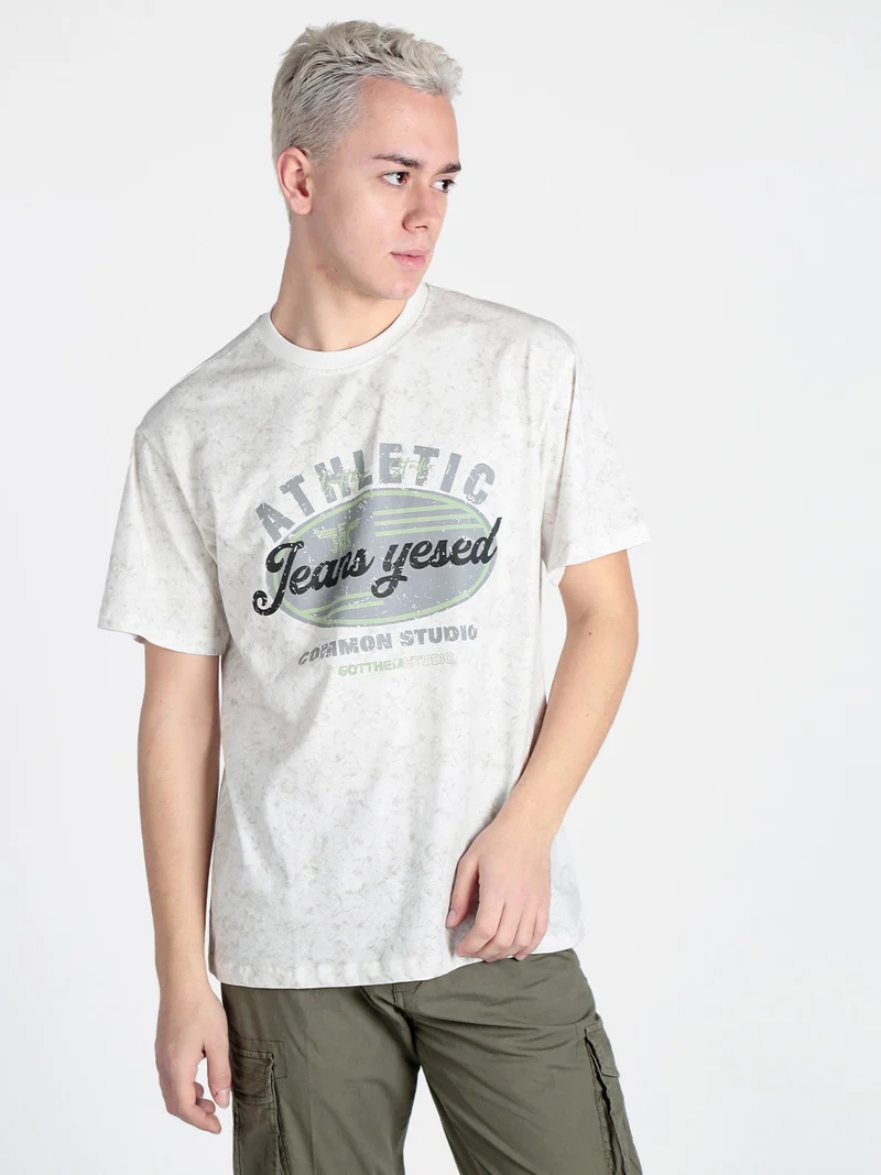 T-shirt girocollo da uomo in cotone con stampa - bianco