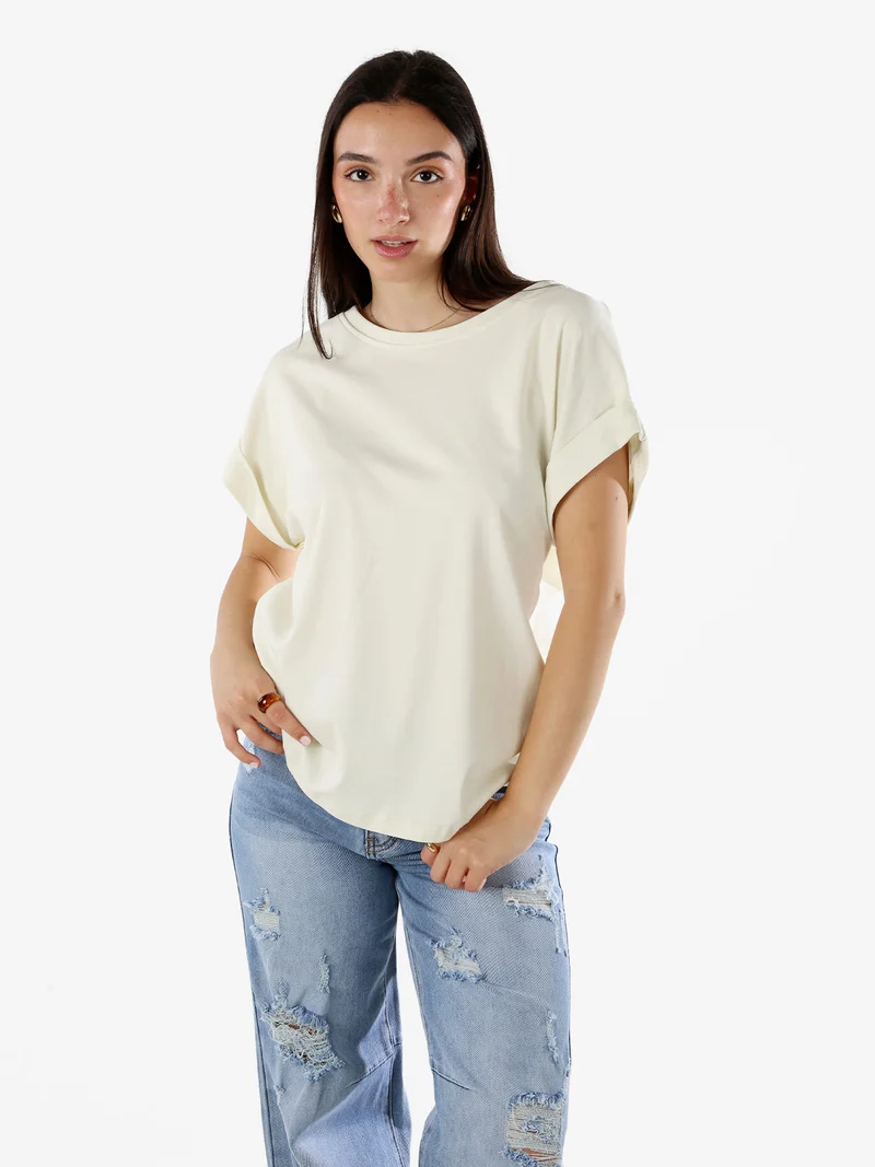 T-shirt donna in cotone con giromaniche risvoltate - panna